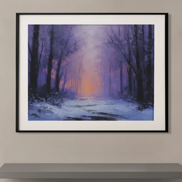 Tableau paysage contemporain représentant une forêt enneigée plongée dans une brume violette et une lumière diffuse, inspiré de l'univers de Peter Doig.