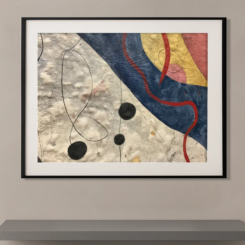Tableau abstrait contemporain inspiré de Joan Miró composé de lignes organiques, de cercles noirs suspendus et de formes colorées bleu, rouge et ocre sur fond texturé.