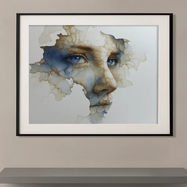 Portrait abstrait contemporain inspiré de Marlene Dumas représentant un visage aux yeux bleus apparaissant dans des voiles d'encre et de transparences aux nuances bleutées et sépia.