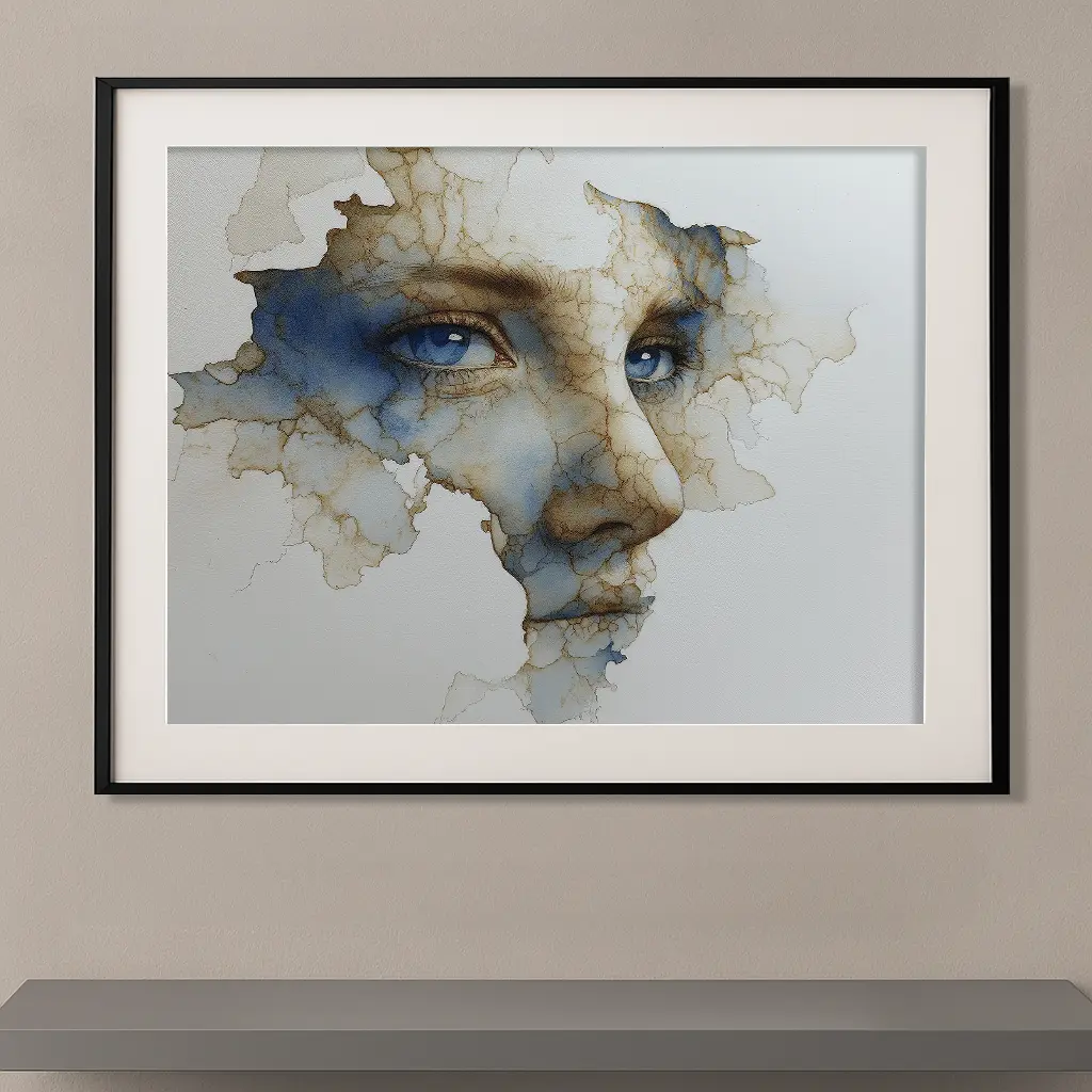 Portrait abstrait contemporain inspiré de Marlene Dumas représentant un visage aux yeux bleus apparaissant dans des voiles d'encre et de transparences aux nuances bleutées et sépia.