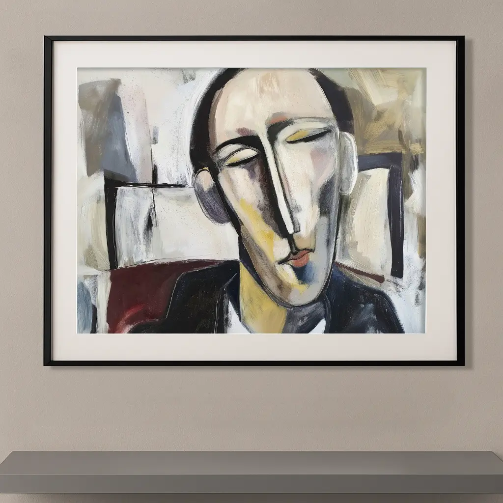 Tableau contemporain inspiré d’Amedeo Modigliani représentant un portrait aux traits allongés, aux couleurs douces et à l'expression paisible dans un style moderne et élégant.