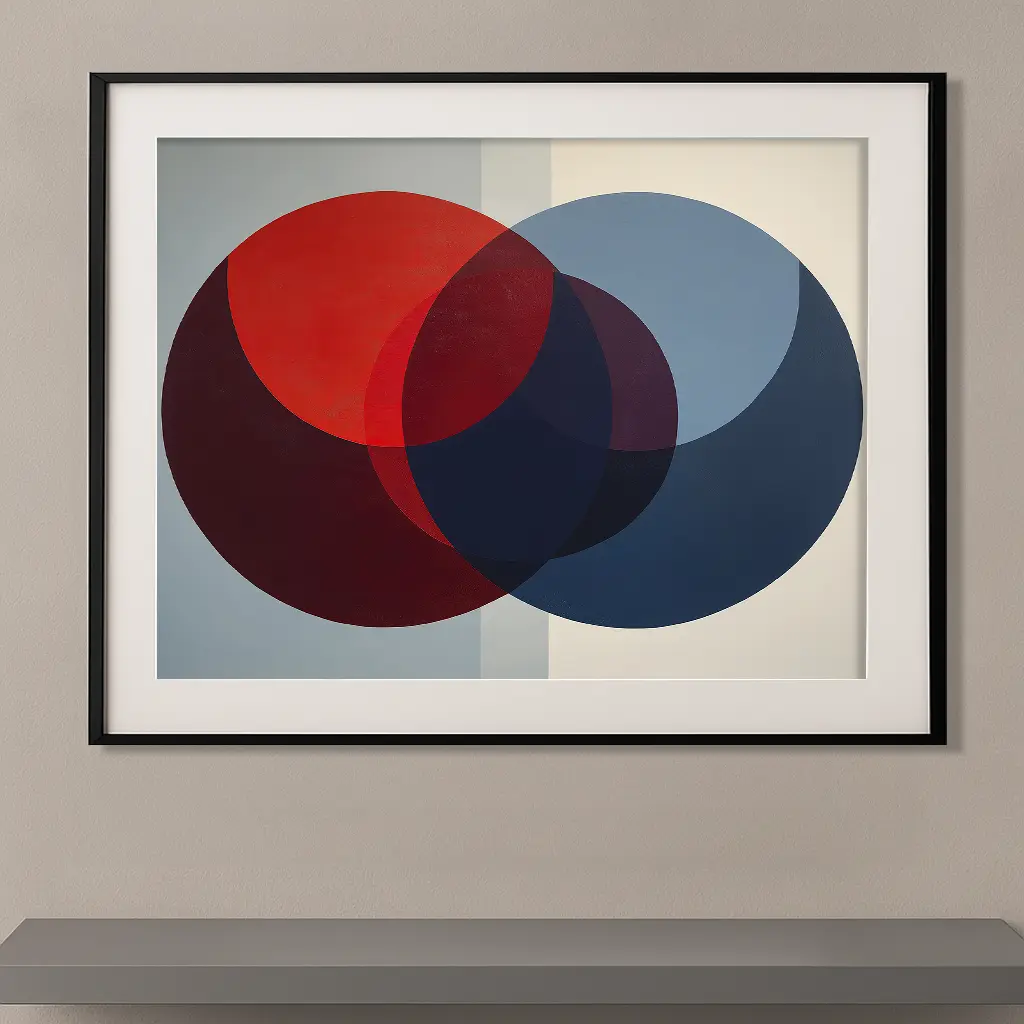 Tableau abstrait contemporain inspiré d'Ellsworth Kelly composé de grands cercles rouges et bleus superposés dans une composition géométrique minimaliste aux couleurs pures.