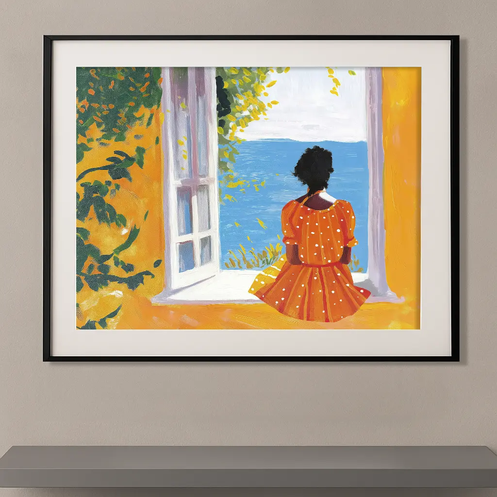 Tableau contemporain inspiré de Henri Matisse représentant une femme assise devant une fenêtre ouverte sur la Méditerranée, dans une palette lumineuse de jaune, d'orange, de bleu et de vert.