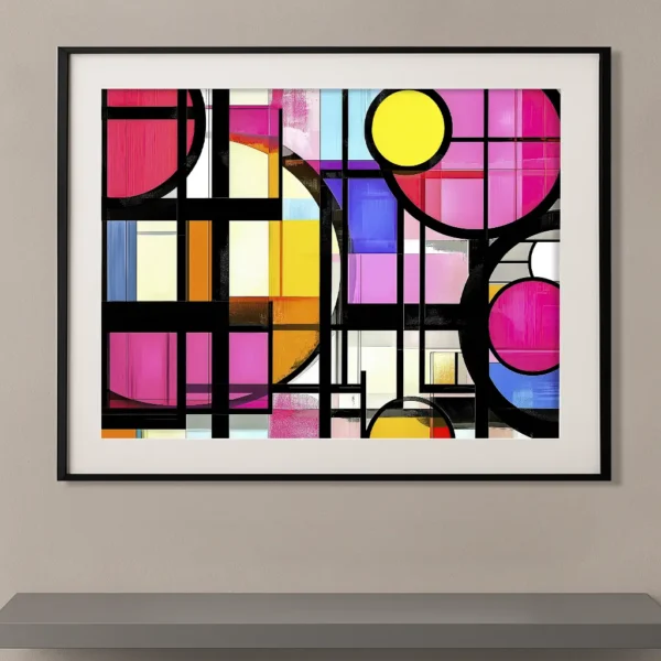 Tableau abstrait contemporain inspiré de Piet Mondrian composé de lignes noires, de grands cercles graphiques et de couleurs vives roses, jaunes, bleues et violettes.