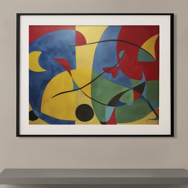 Tableau abstrait contemporain inspiré de Joan Miró composé de formes organiques, lignes noires fluides et aplats de couleurs bleu, rouge, jaune et vert.