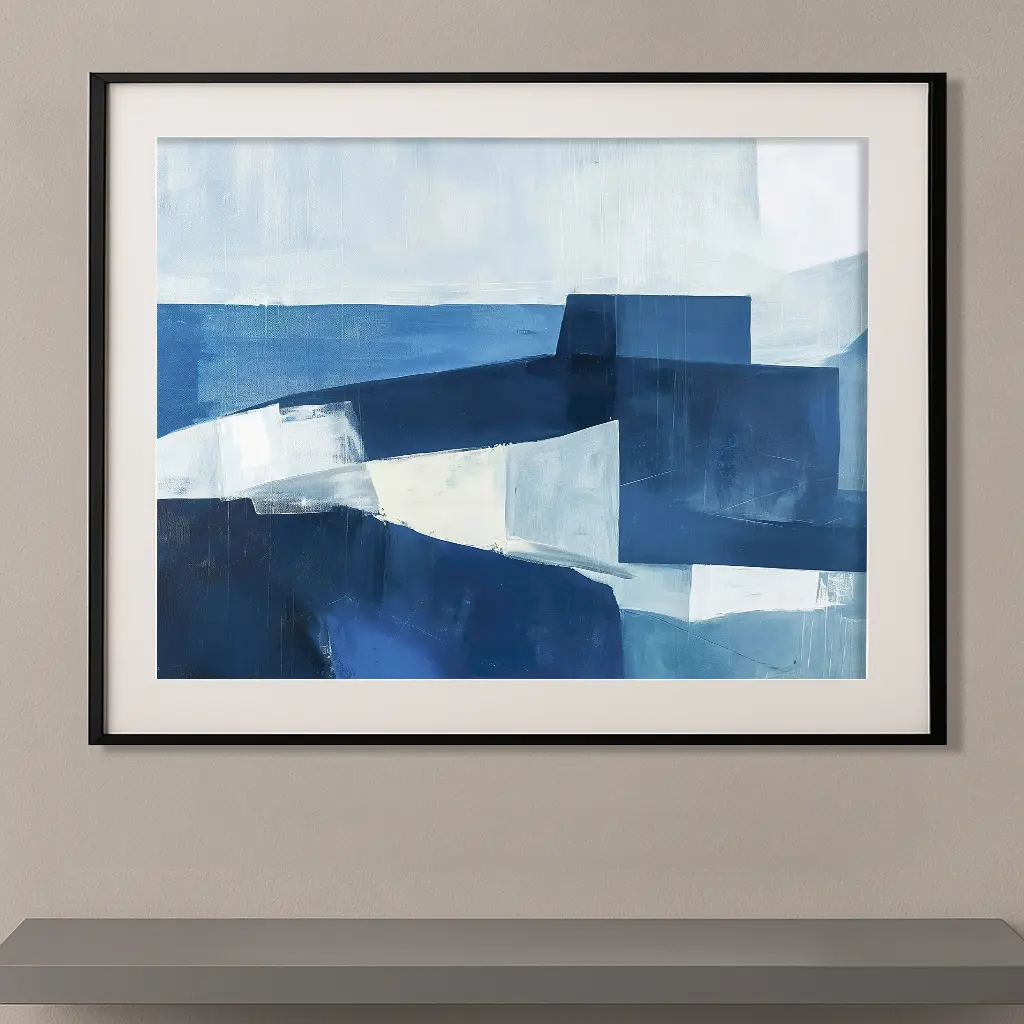 Tableau abstrait contemporain inspiré de Nicolas de Staël représentant une composition géométrique en nuances de bleu évoquant un paysage marin et architectural.