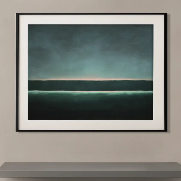 Tableau abstrait contemporain dans des nuances de bleu profond et de vert minéral avec un horizon lumineux central, inspiré de l'univers de Mark Rothko.
