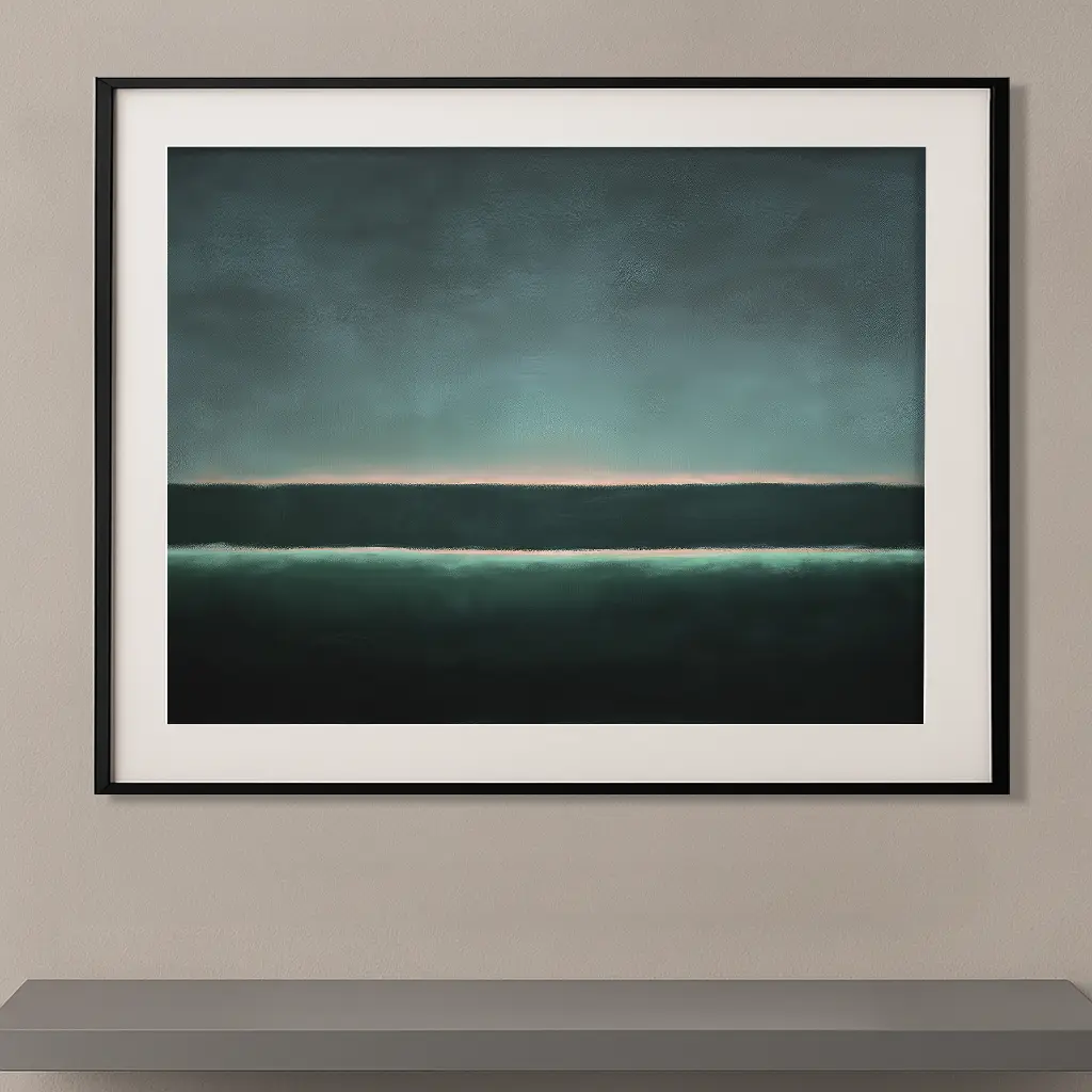 Tableau abstrait contemporain dans des nuances de bleu profond et de vert minéral avec un horizon lumineux central, inspiré de l'univers de Mark Rothko.