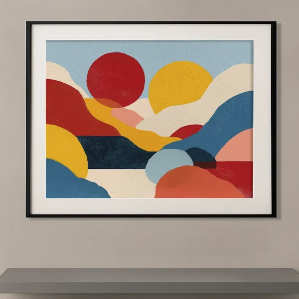 Tableau abstrait contemporain inspiré d'Etel Adnan représentant un paysage graphique composé de soleils rouges et jaunes, collines colorées et formes géométriques aux tons bleu, ocre, rouge et crème.