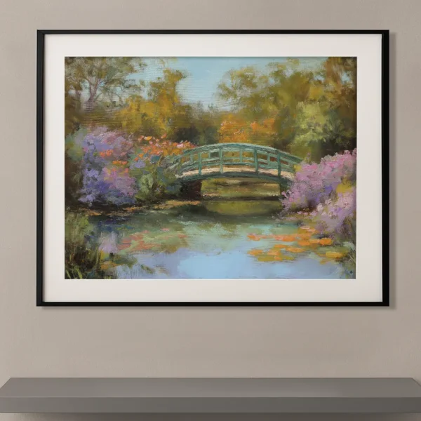 Tableau impressionniste contemporain inspiré de Claude Monet représentant un pont japonais traversant un bassin de nénuphars entouré de fleurs et de végétation luxuriante.
