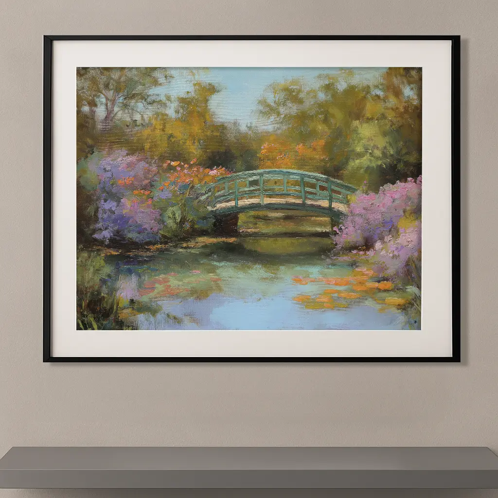 Tableau impressionniste contemporain inspiré de Claude Monet représentant un pont japonais traversant un bassin de nénuphars entouré de fleurs et de végétation luxuriante.