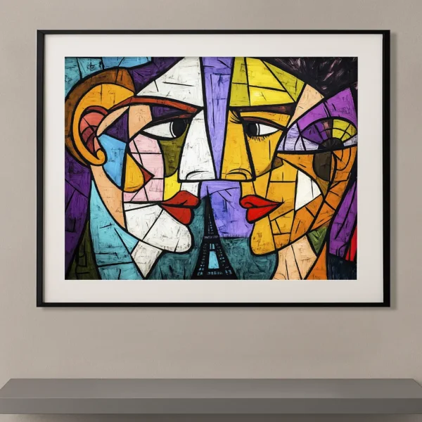 Tableau cubiste contemporain inspiré de Pablo Picasso représentant deux visages colorés se faisant face autour de la Tour Eiffel dans une composition géométrique aux couleurs vives.