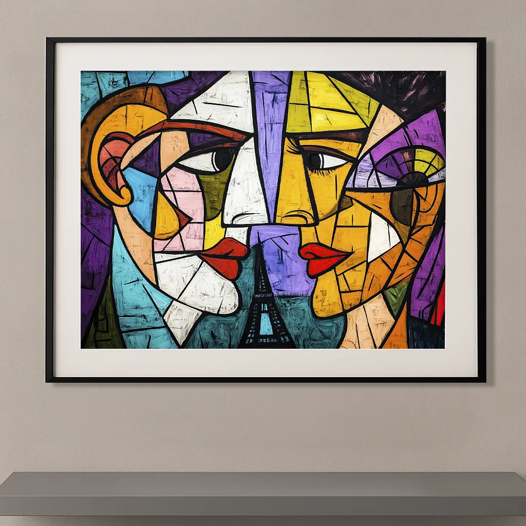 Tableau cubiste contemporain inspiré de Pablo Picasso représentant deux visages colorés se faisant face autour de la Tour Eiffel dans une composition géométrique aux couleurs vives.