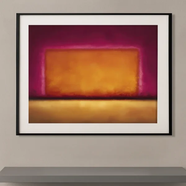Tableau abstrait contemporain composé d'un rectangle lumineux orange entouré de nuances pourpres et bordeaux, inspiré de l'univers de Mark Rothko.