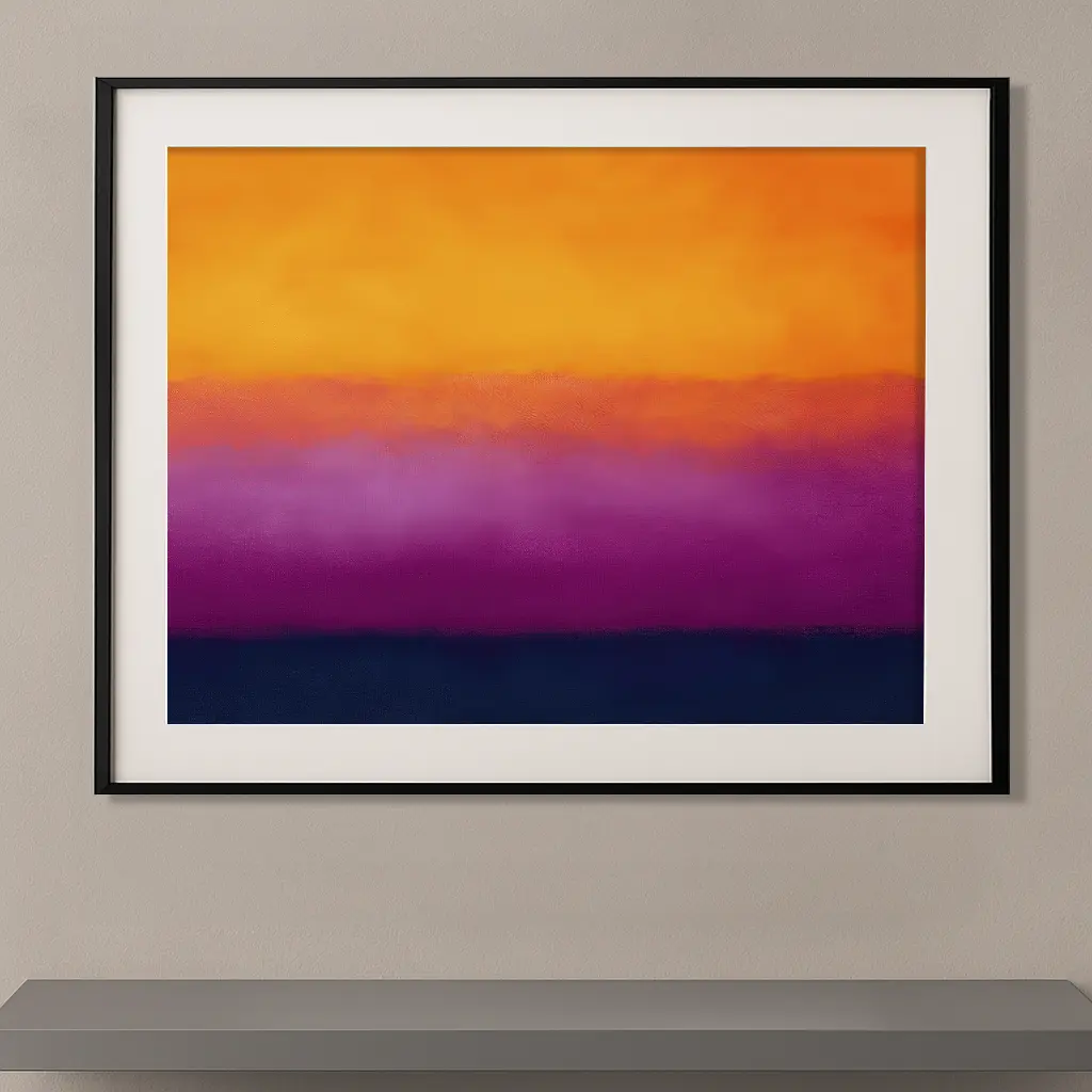 Tableau abstrait contemporain composé de grands aplats orange, magenta, violet et bleu nuit inspiré de l'univers de Mark Rothko.