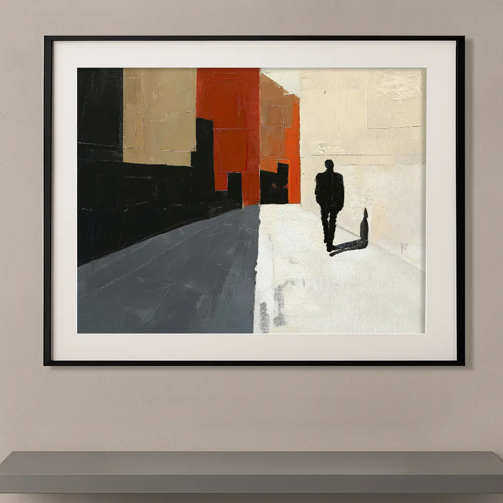 Tableau abstrait contemporain inspiré de Nicolas de Staël représentant une silhouette solitaire marchant entre des bâtiments géométriques aux teintes noires, blanches et rouges.