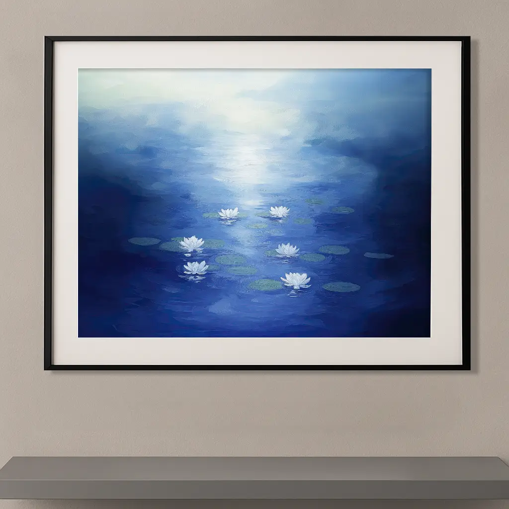 Tableau contemporain inspiré de Claude Monet représentant des nymphéas blancs flottant sur une eau aux profonds reflets bleus dans une ambiance impressionniste et apaisante.