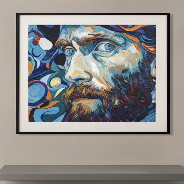 Tableau abstrait contemporain inspiré de Vincent van Gogh représentant un portrait masculin aux yeux bleus réalisé avec des coups de pinceau expressifs et une palette de bleus, ocres et violets.