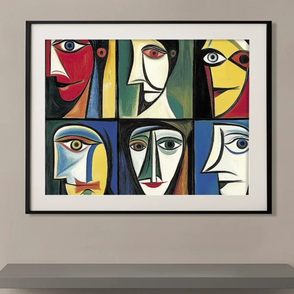 Tableau contemporain inspiré de Pablo Picasso représentant six portraits cubistes colorés composés de formes géométriques, de lignes noires et de couleurs primaires.