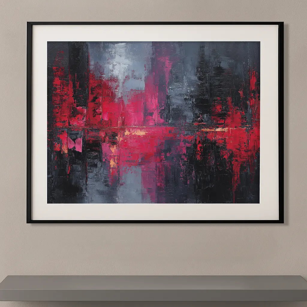 Tableau abstrait contemporain inspiré de Gerhard Richter mêlant textures épaisses, rouges écarlates, noirs profonds et gris métalliques dans une composition expressive.