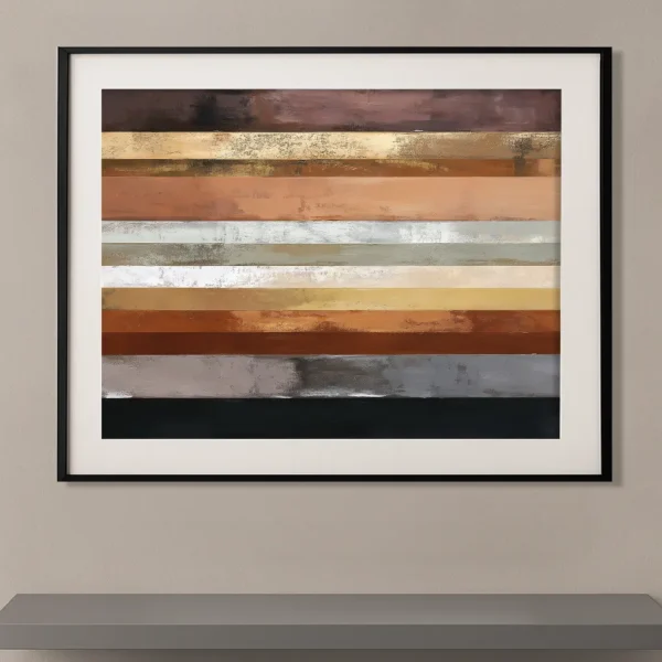 Tableau abstrait contemporain composé de bandes horizontales texturées dans des tons bronze, sable, ivoire, gris acier et noir, inspiré de l'univers de Sean Scully.