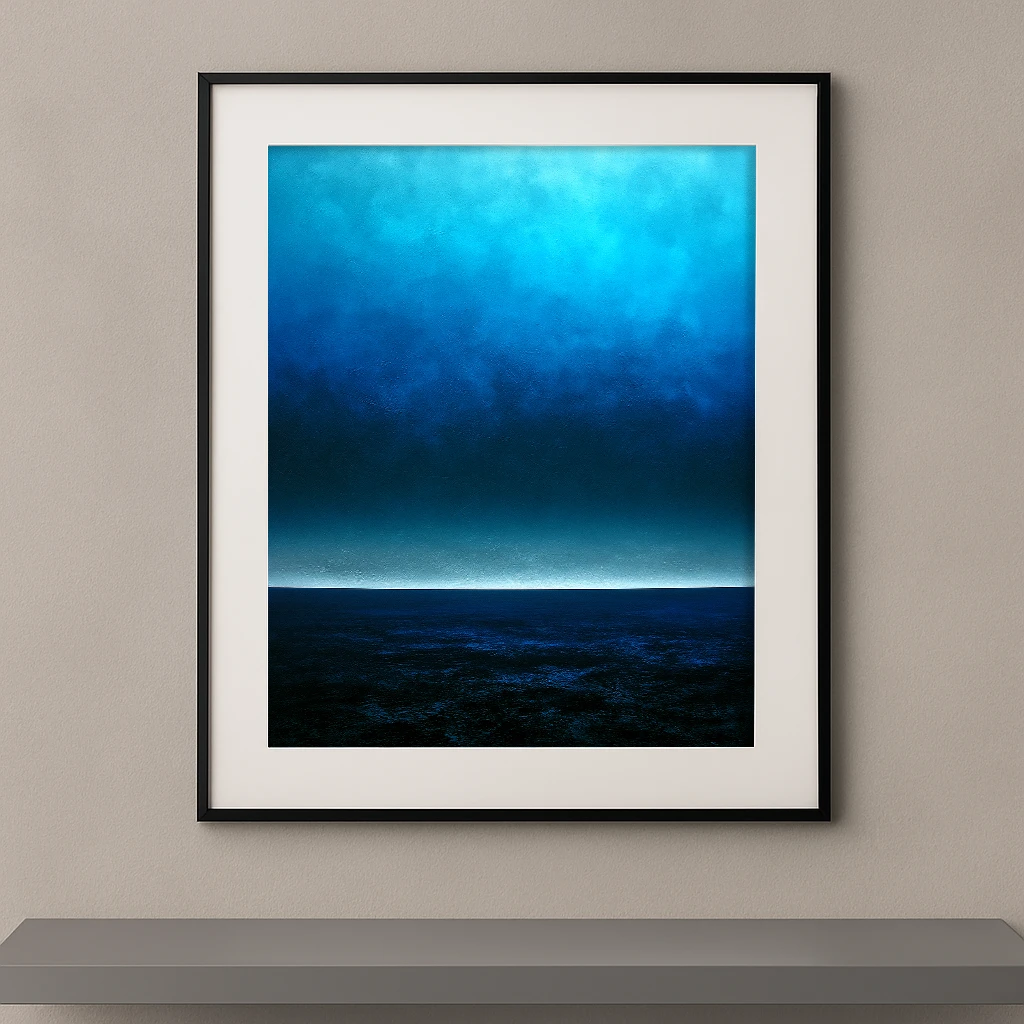 Tableau contemporain Horizon Azur représentant un ciel bleu en dégradé au-dessus d'une mer profonde séparés par un horizon lumineux.