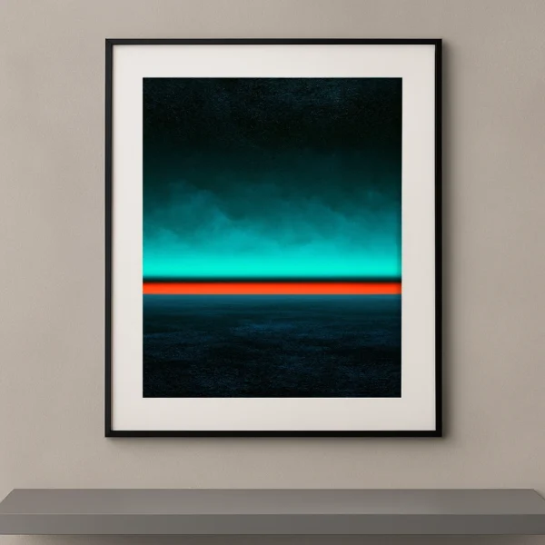 Tableau contemporain Horizon Boréal représentant un ciel turquoise profond au-dessus d'une mer sombre séparés par un horizon rouge lumineux.