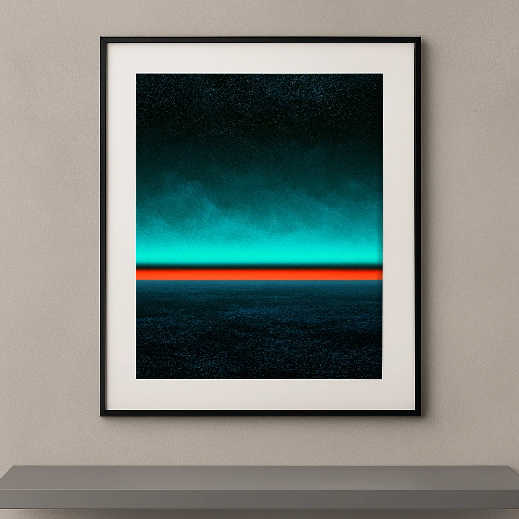 Tableau contemporain Horizon Boréal représentant un ciel turquoise profond au-dessus d'une mer sombre séparés par un horizon rouge lumineux.
