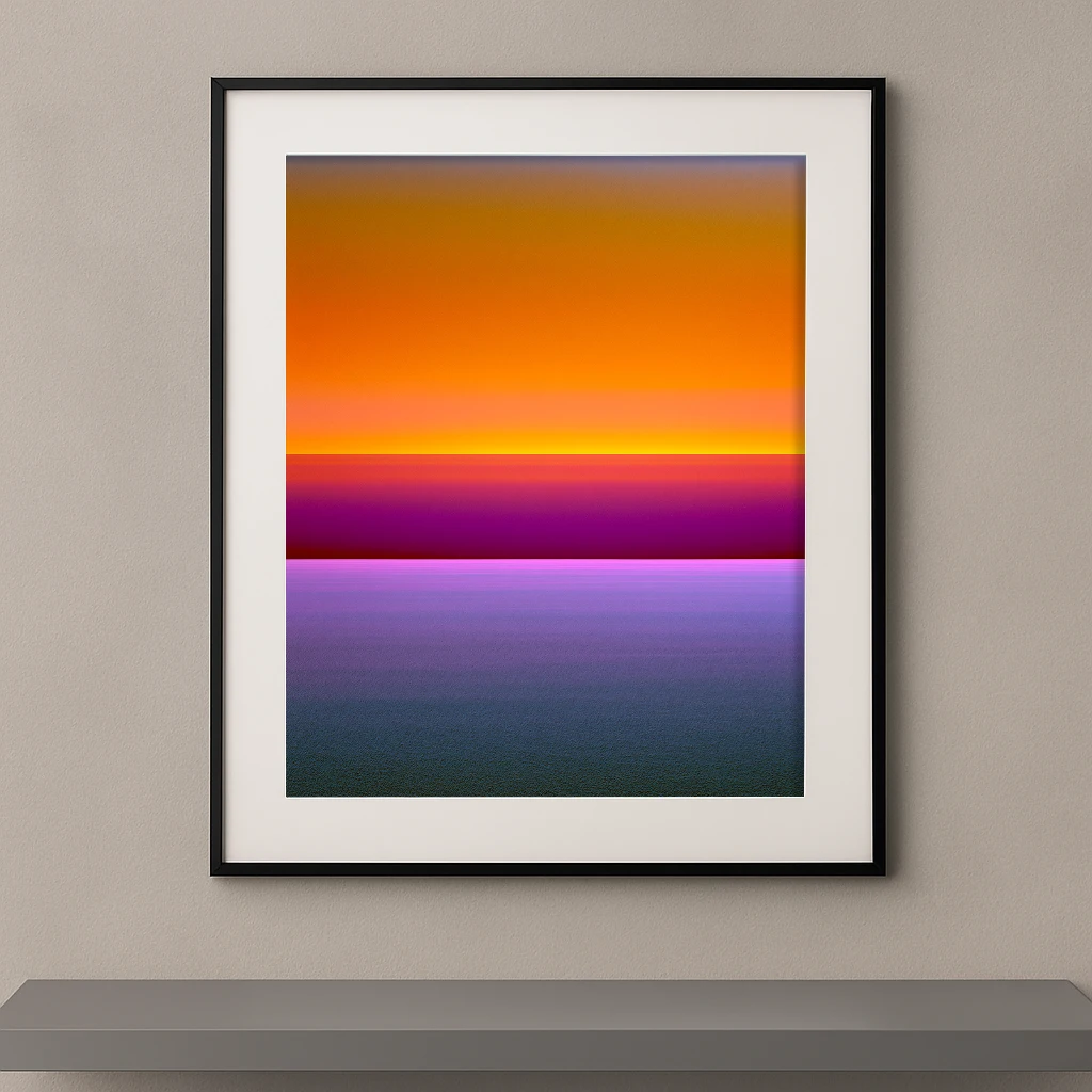 Tableau contemporain Horizon Fusion représentant un horizon abstrait composé de dégradés orange, magenta, violet et bleu au-dessus d'une mer minimaliste.