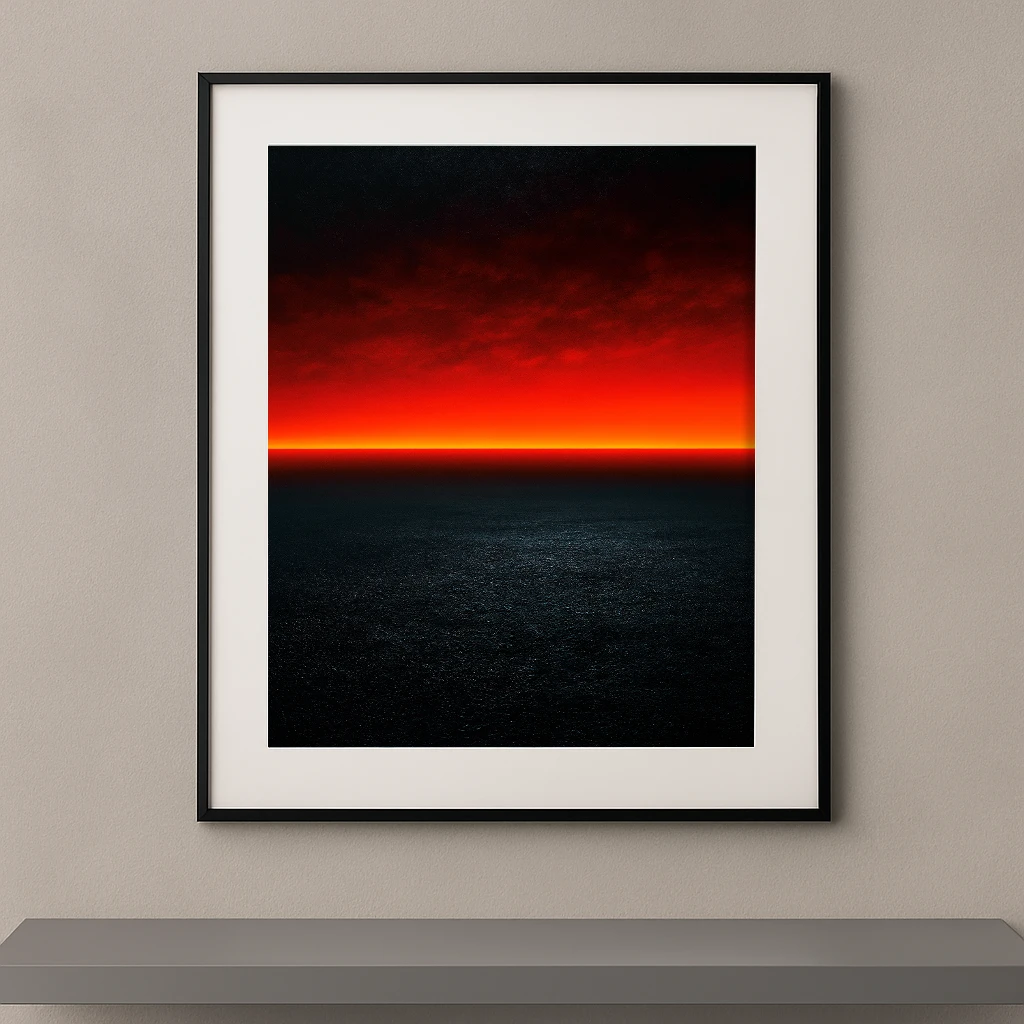 Tableau contemporain Horizon Incandescent représentant un ciel rouge flamboyant au-dessus d'une mer sombre séparés par un horizon lumineux orangé.
