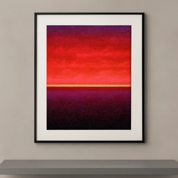 Tableau contemporain Horizon Pourpre représentant un ciel rouge et pourpre au-dessus d'une mer sombre séparés par une ligne d'horizon dorée.