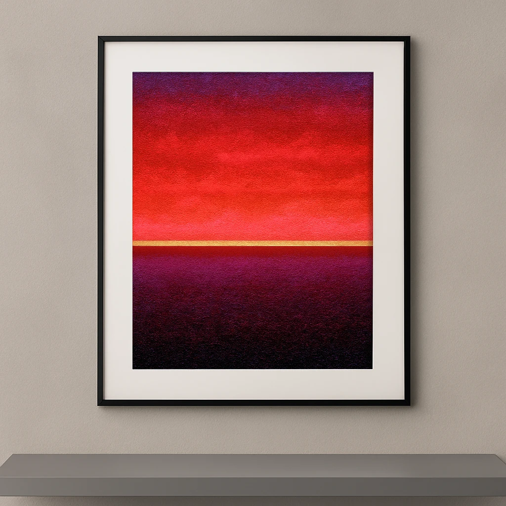 Tableau contemporain Horizon Pourpre représentant un ciel rouge et pourpre au-dessus d'une mer sombre séparés par une ligne d'horizon dorée.
