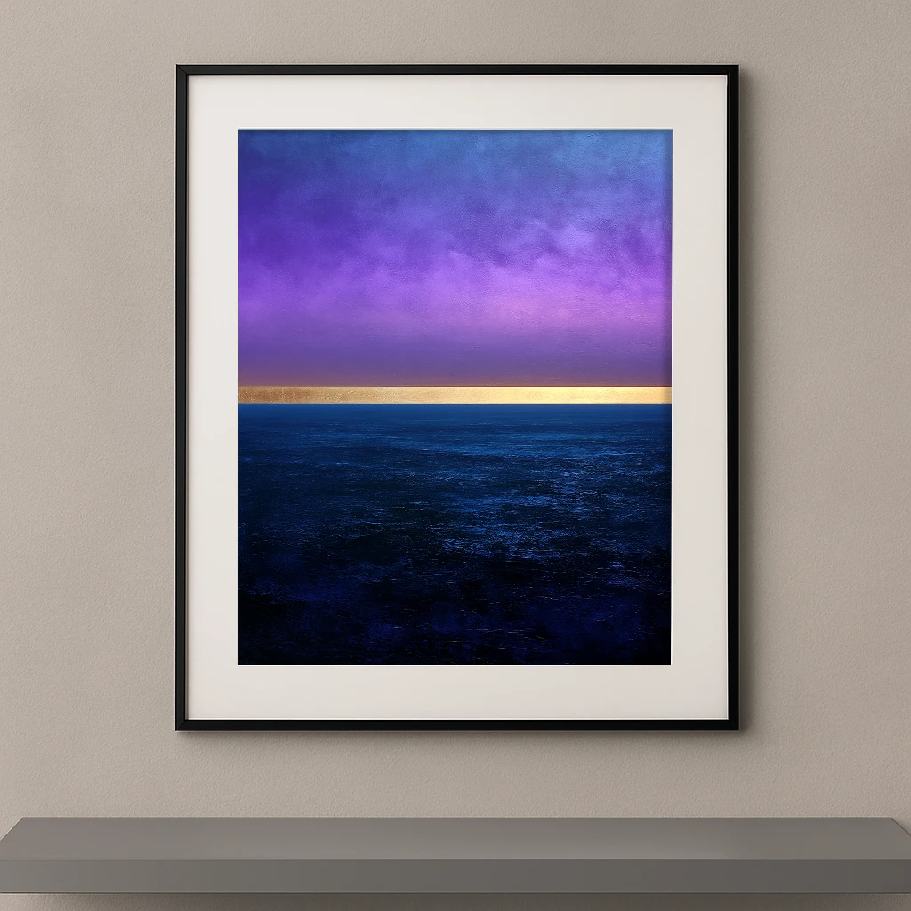 Tableau contemporain Horizon Violet représentant un ciel chromatique violet et bleu au-dessus d'une mer profonde séparés par une fine ligne dorée.