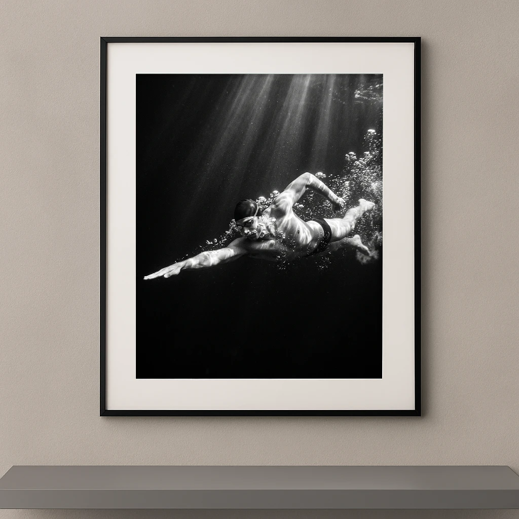 Tableau noir et blanc d’un nageur évoluant sous l’eau dans un faisceau de lumière