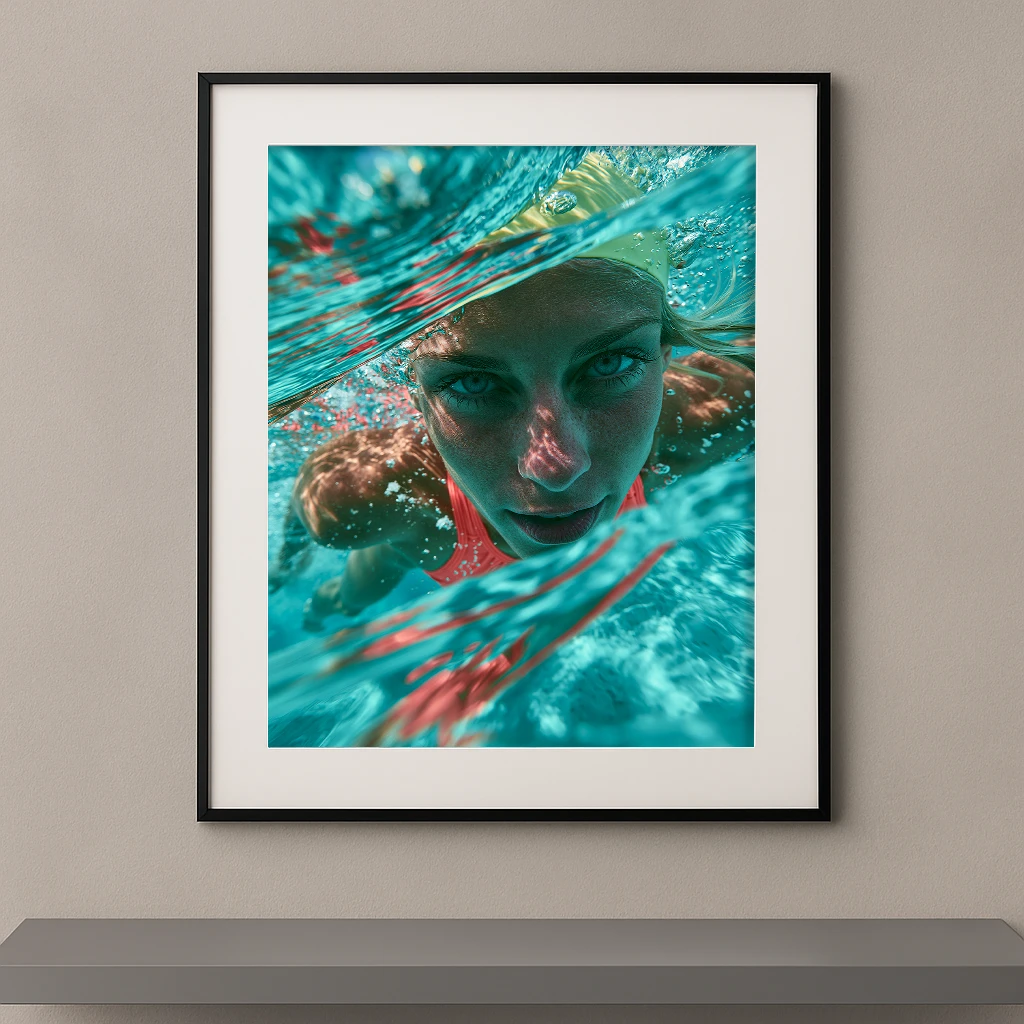 Immersion Corail, portrait rapproché d’une nageuse sous l’eau aux reflets turquoise et corail