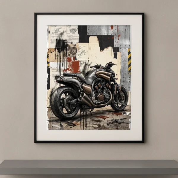 Tableau Industrial Torque représentant une Yamaha VMAX dans un collage industriel mêlant plans mécaniques, acier brut et textures contemporaines.