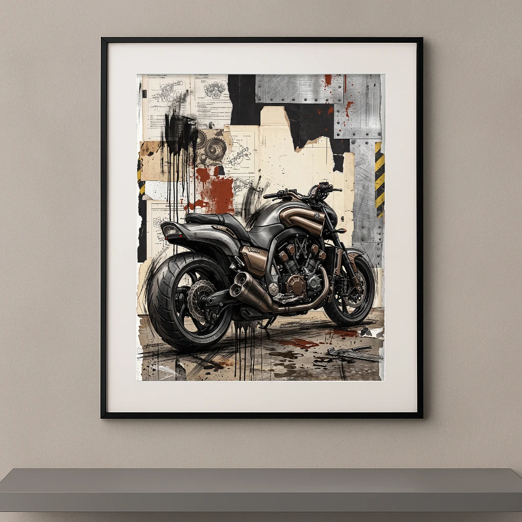Tableau Industrial Torque représentant une Yamaha VMAX dans un collage industriel mêlant plans mécaniques, acier brut et textures contemporaines.