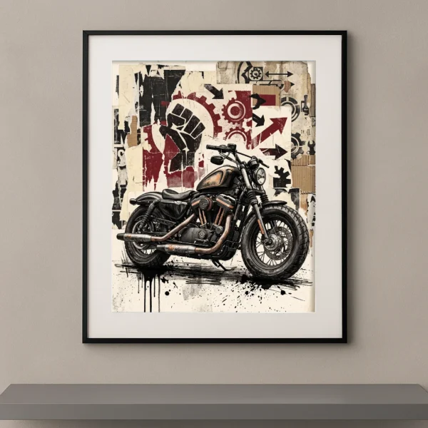 Tableau Iron Rebellion représentant une moto Harley-Davidson Bobber dans une composition street art avec affiches déchirées, symboles industriels et textures vintage.