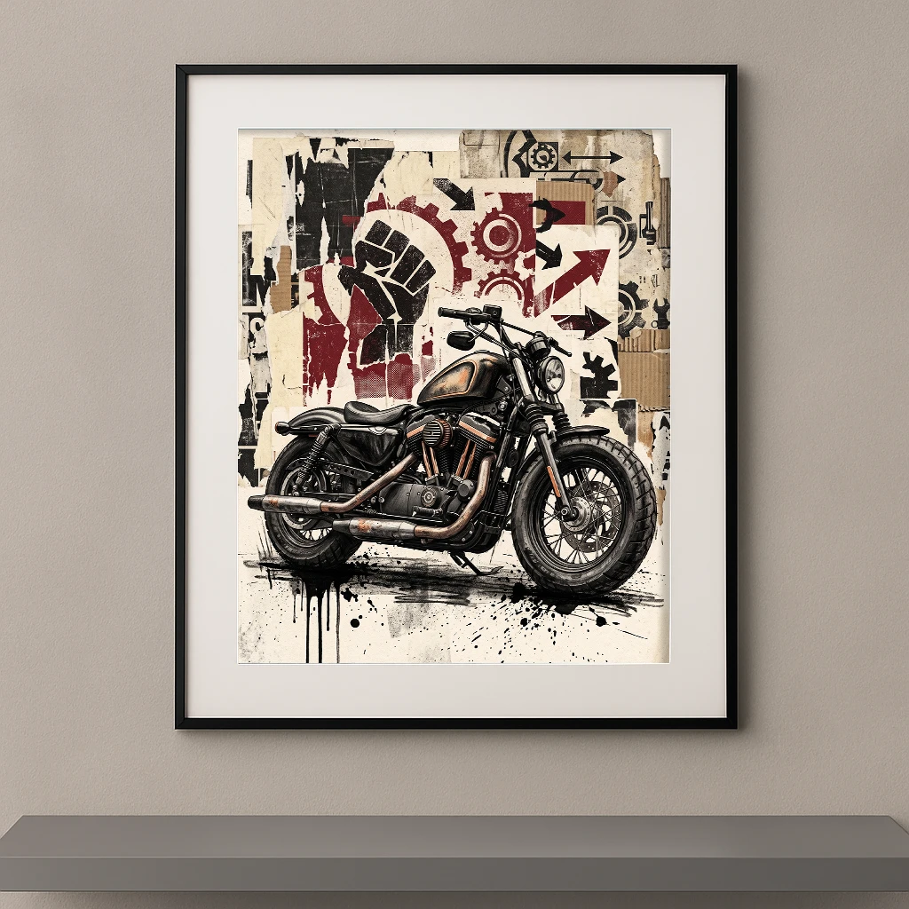 Tableau Iron Rebellion représentant une moto Harley-Davidson Bobber dans une composition street art avec affiches déchirées, symboles industriels et textures vintage.