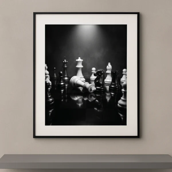 Tableau noir et blanc d’un jeu d’échecs Staunton avec un roi renversé