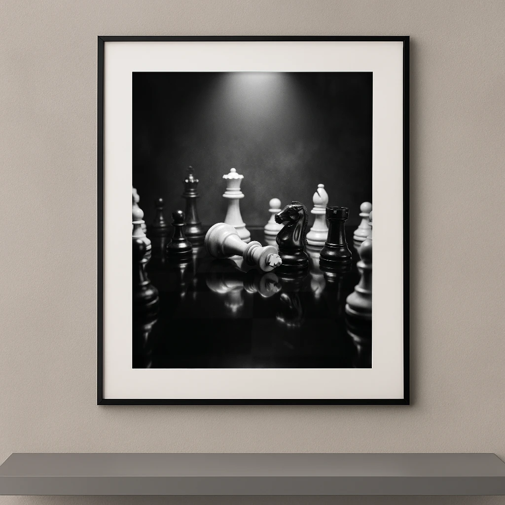 Tableau noir et blanc d’un jeu d’échecs Staunton avec un roi renversé