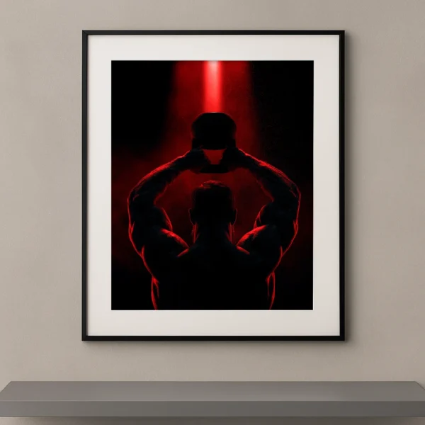 Tableau mural silhouette d'un athlète soulevant une kettlebell au-dessus de la tête sous une lumière rouge