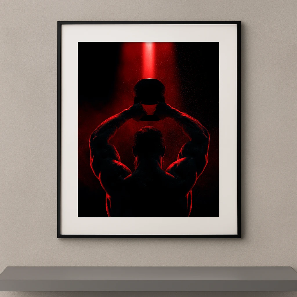 Tableau mural silhouette d'un athlète soulevant une kettlebell au-dessus de la tête sous une lumière rouge