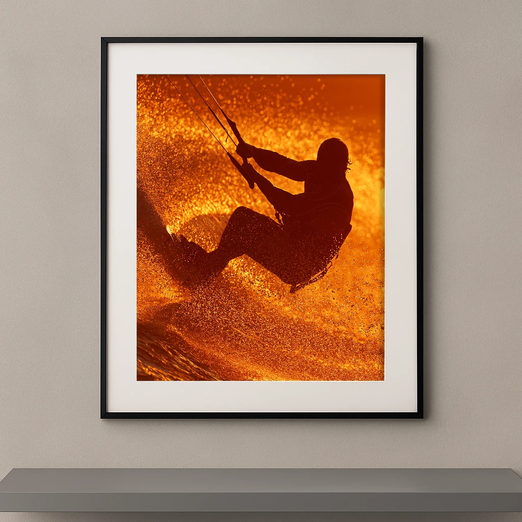 Tableau mural silhouette de kitesurfeur en plein saut dans une explosion de gouttelettes dorées