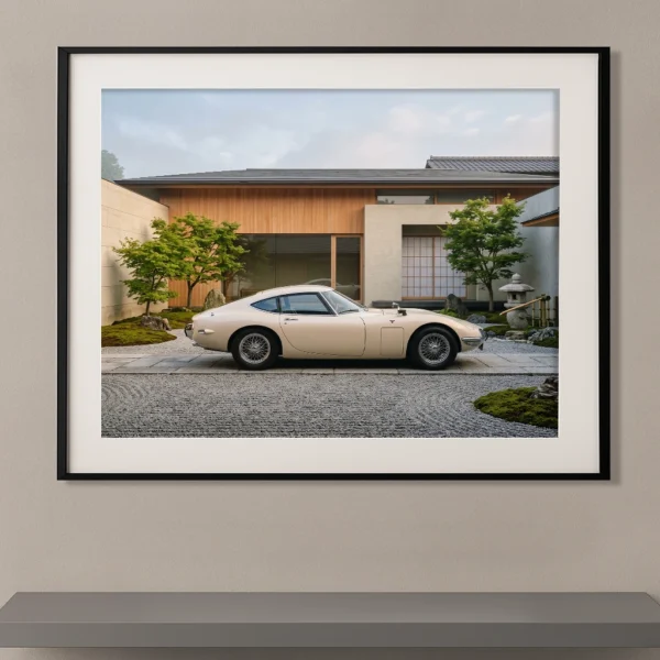 Toyota 2000GT ivoire devant une résidence contemporaine japonaise avec jardin zen, photographie Fine Art.