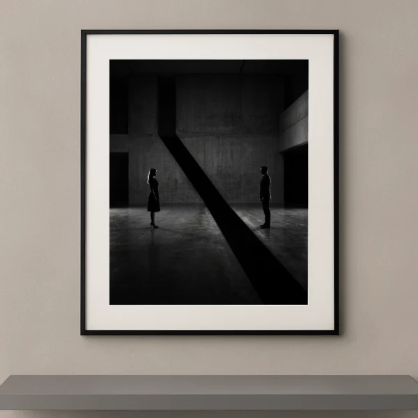 Tableau noir et blanc de deux silhouettes face à face séparées par une ombre diagonale