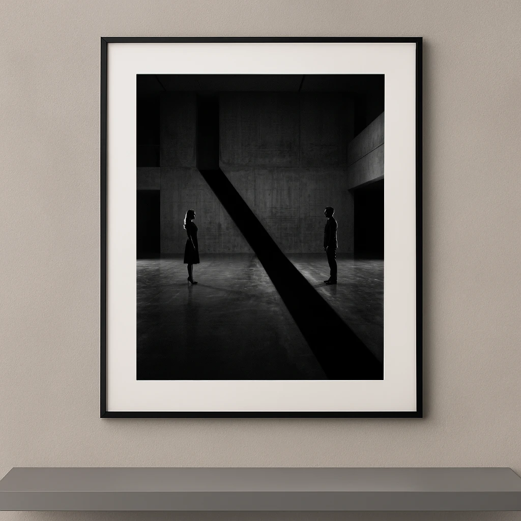 Tableau noir et blanc de deux silhouettes face à face séparées par une ombre diagonale