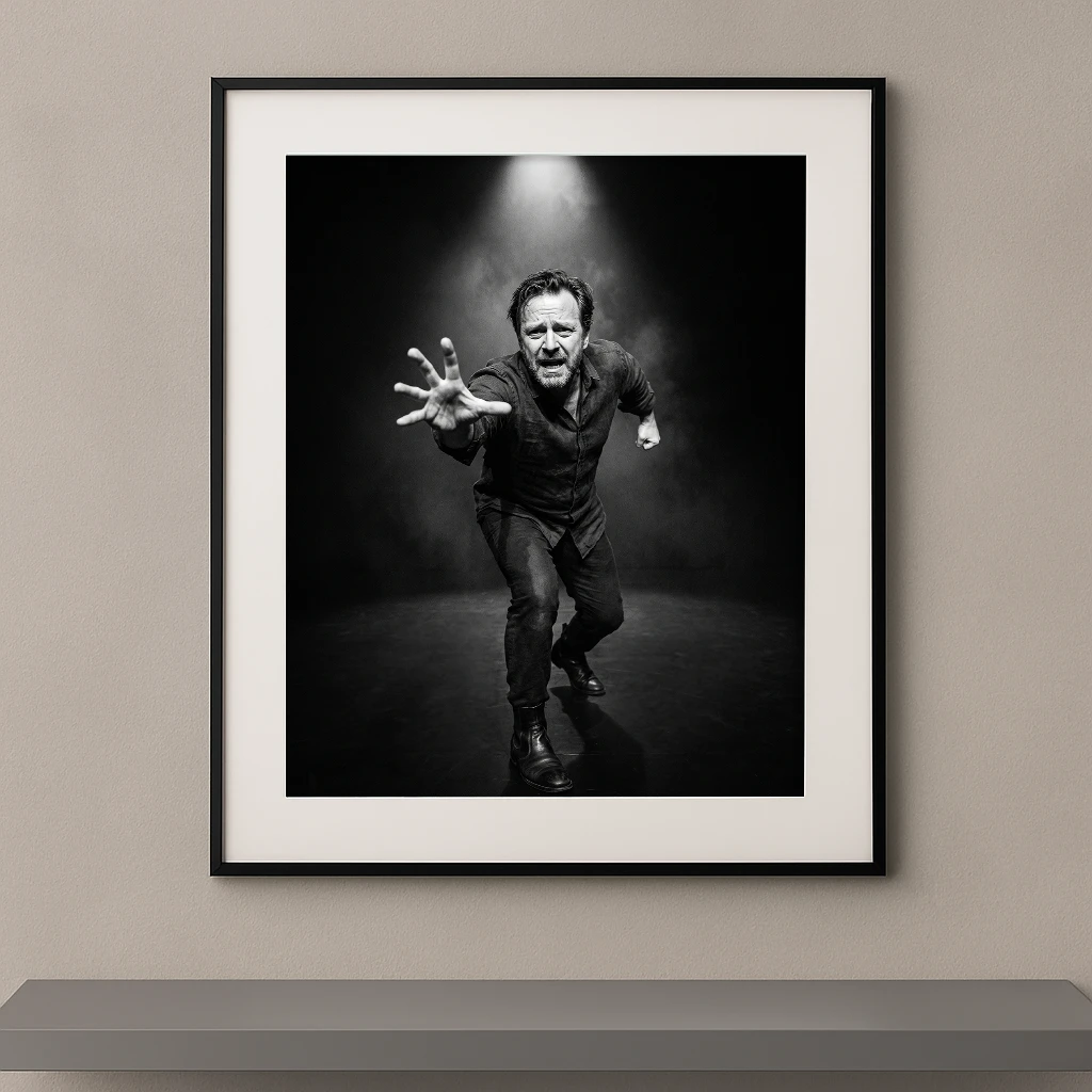 Tableau noir et blanc d'un homme courant vers l'objectif la main tendue