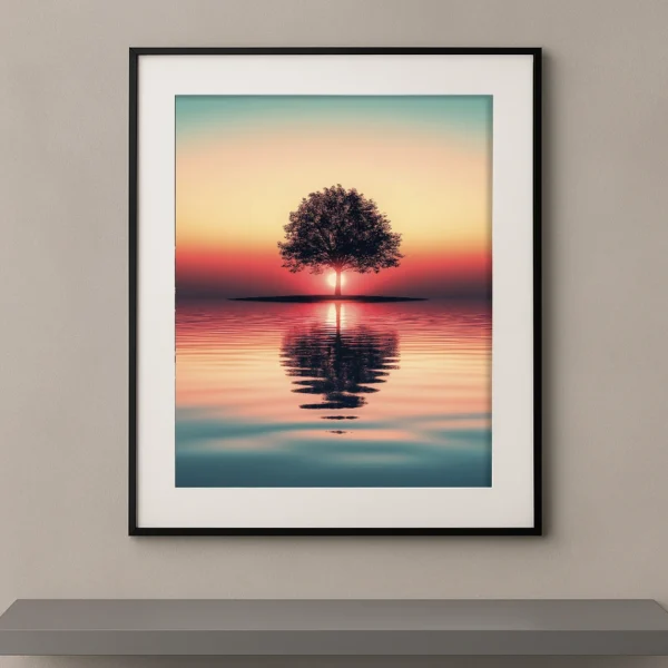 L’Arbre Miroir, arbre solitaire au coucher du soleil se reflétant dans une eau calme