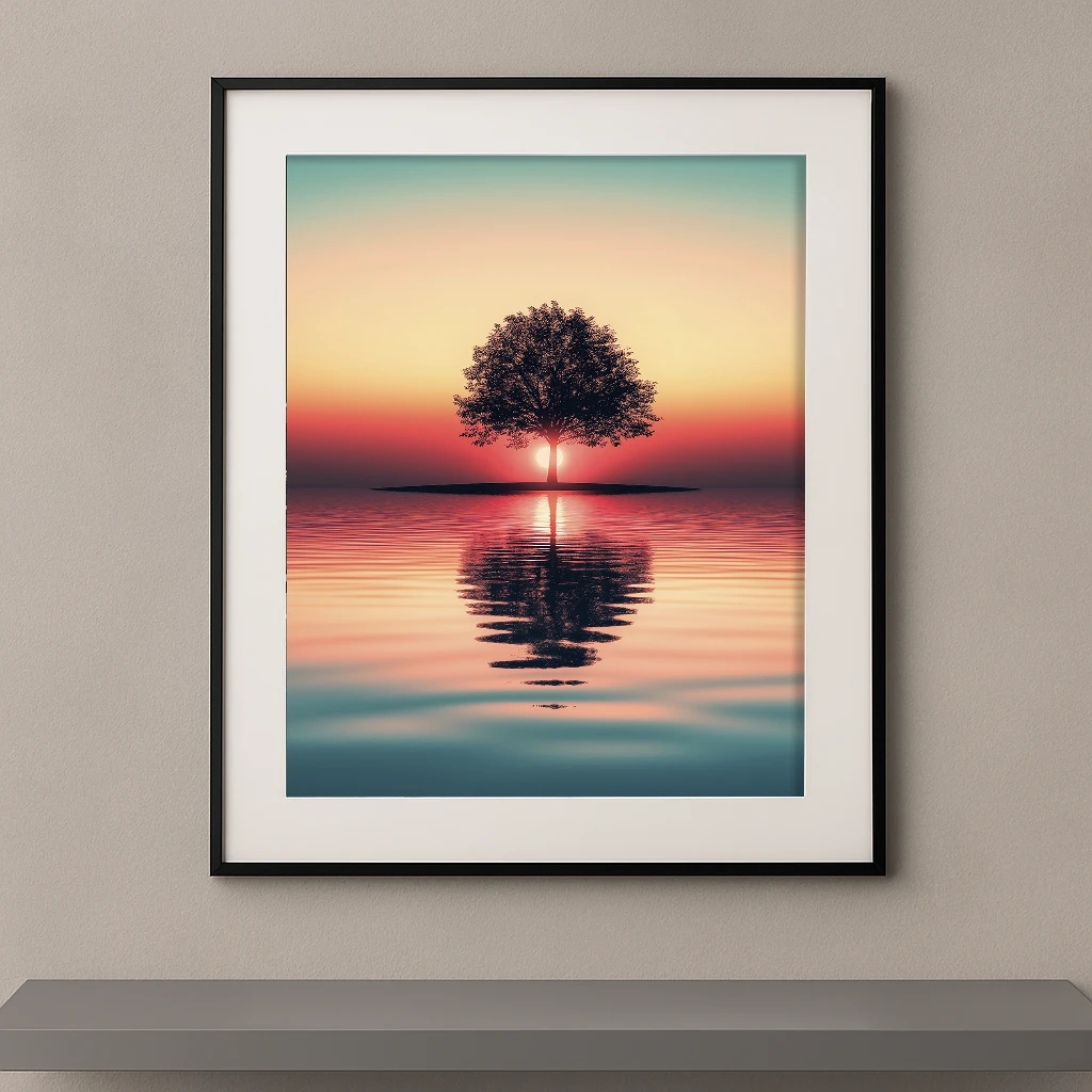 L’Arbre Miroir, arbre solitaire au coucher du soleil se reflétant dans une eau calme